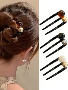 3pcs New Chinese Style Bead U-Shaped Hairpins, Ideal for Daily Commuting, Stylish Updos & Secure High Bun Holders