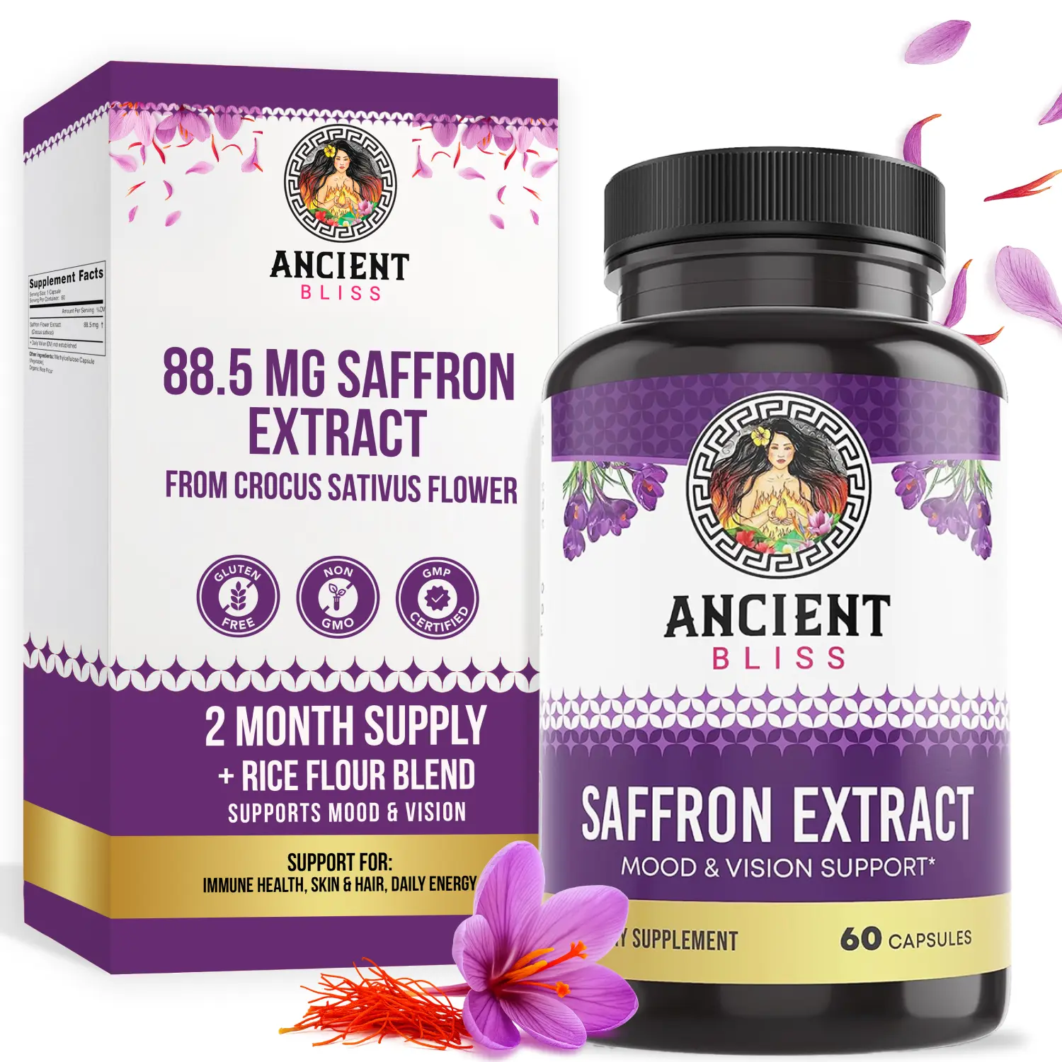 Ancient Bliss Saffron Extract All Natural Dietary Supplement - 60 Vegan Capsules for Adults, Botanical Extracts, Antioxidant Nutrient Support, Mood & Eye Healthcare, Vegan Daily Boost