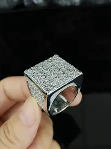 Hiphop Full Diamond Square Shaped Ring Copper Zirconia Unisex Trendy Shiny Accessory Statement Ring Geometric Design Ring, Daily Wear Fashion Jewelry for Men and Women, Cubic Zirconia Rings