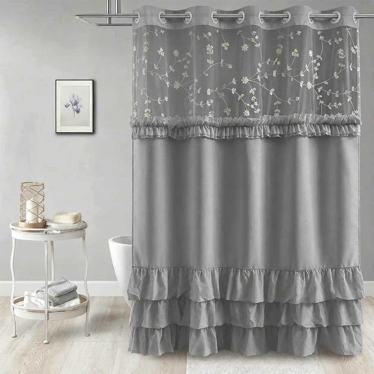 Grey Elegant Hookless Ruffle Shower Curtain with Embroidered Sheer Top, Dual Removable Waterproof Panels, Machine Washable Bathroom Curtain，71*74 IN