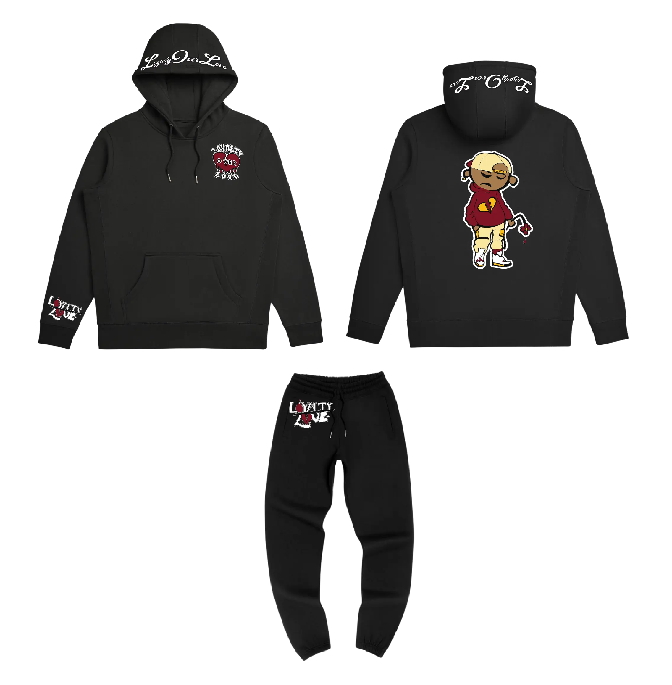 Loyalty Over Love Fleece Sweatsuit-Original Colorway Cream, Burgundy, Black & White With Direct To Film Patches Hoodie Menswear Outfit Fashion Matching Sweatpants Man
