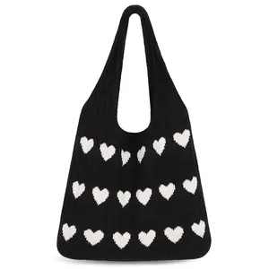 Heart Patten Knitted Shoulder Tote Bag Large Crochet Beach Bag Hobo Bag Aesthetic Tote Handbags for Women