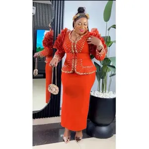 Orange Embellished Ruffle Sleeve Top & Skirt 2-Piece Set for Wedding Guest Birthday Party Celebrant Photoshoot