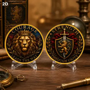 Lion & Crown Commemorative Collectible, Creative Vintage Style Themed around courage and strength, with crown, lion head, shield and heraldic elements, symbolizing unity. Suitable for collection, commemoration, holiday gifts and presents for friends. Idea