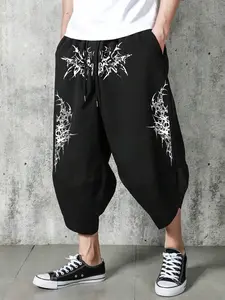 Men's Urban Streetwear Gothic Thorn Graphic Print Harem Pants - Baggy Drop Crotch Cropped Trousers, Y2K Grunge Aesthetic Wide Leg Sweatpants for Summer Casual & Skate Outfits