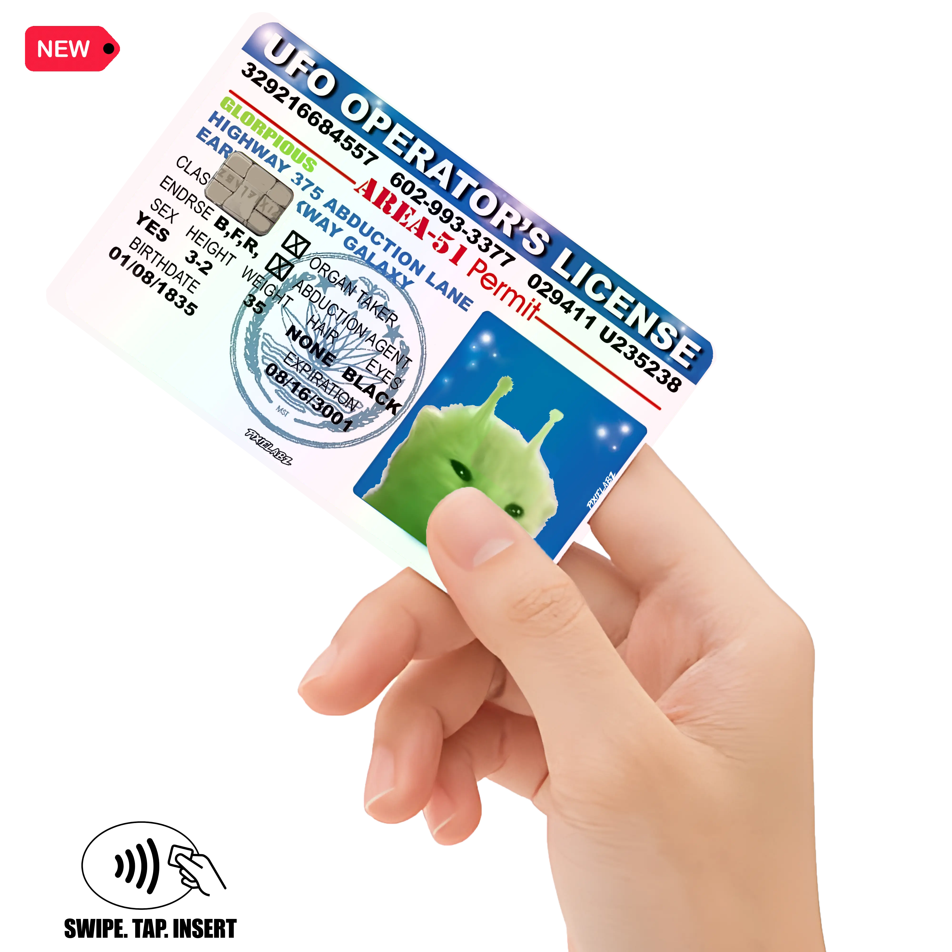 Glorp Alien Cat Glorpious ID Holographic Debit Credit Card Decal Adhesive Stickers Waterproof Premium Quality Custom Orders Available Easy Application Durable Material
