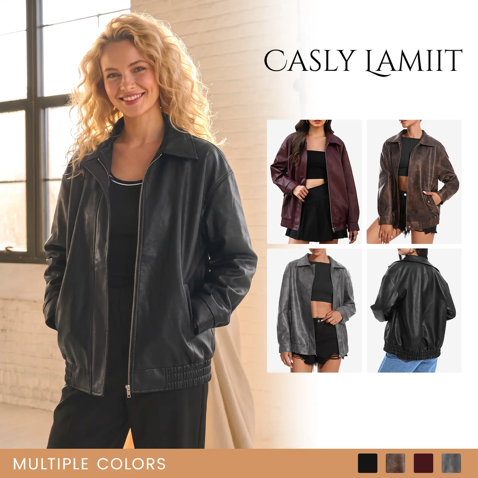 Casly Lamiit Women's Faux Leather Long-Sleeve Oversized Collared Motorcycle Bomber Coat - Basic Plain Multi-Size Outerwear Tops with Zipper, Smooth Elastic Garment, for Travel Casual Spring Women's Clothes, Dress, Outdoor Activities,summerwins,summeroutfi