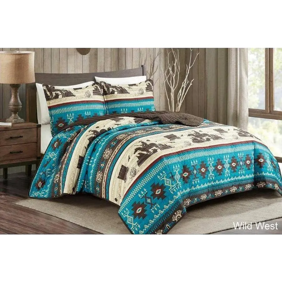Linen Mart - Wild Western Turquoise Aztec Quilt Set - 3 Piece Set
