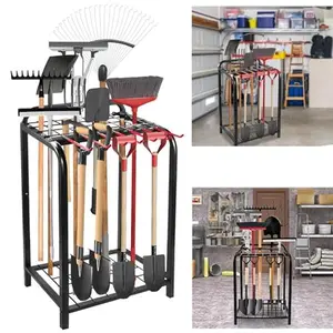Heavy Duty Alloy Steel Garden Tool Storage Organizer - Sturdy Metal Rack for Garage, Shed, Yard - Holds Garage Tools, Shovels, Rakes - Black