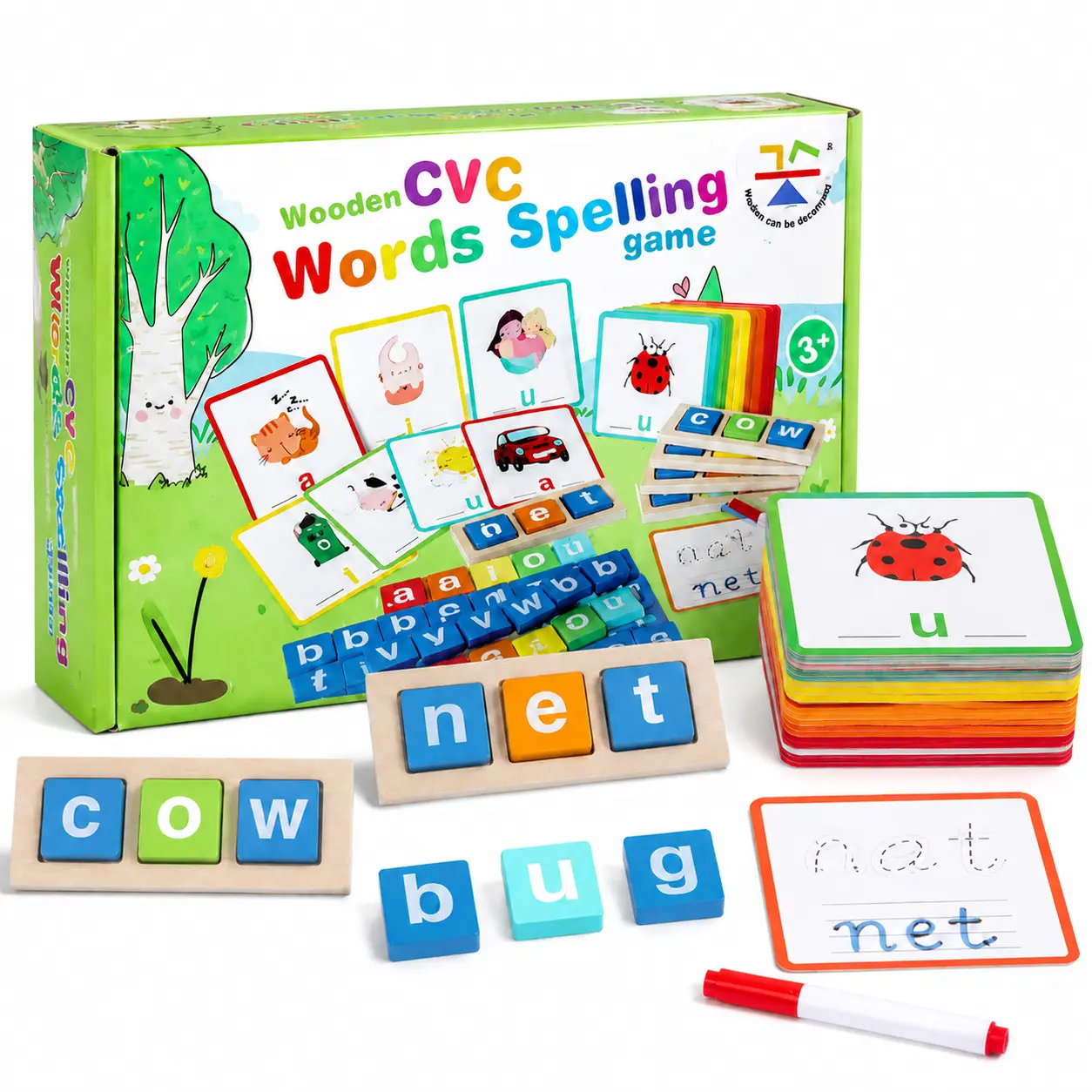 Wooden Phonics Reading Blocks CVC Words Spelling Game with Reusable Tracing Flash Cards & Trays Early Educational Learning Toys