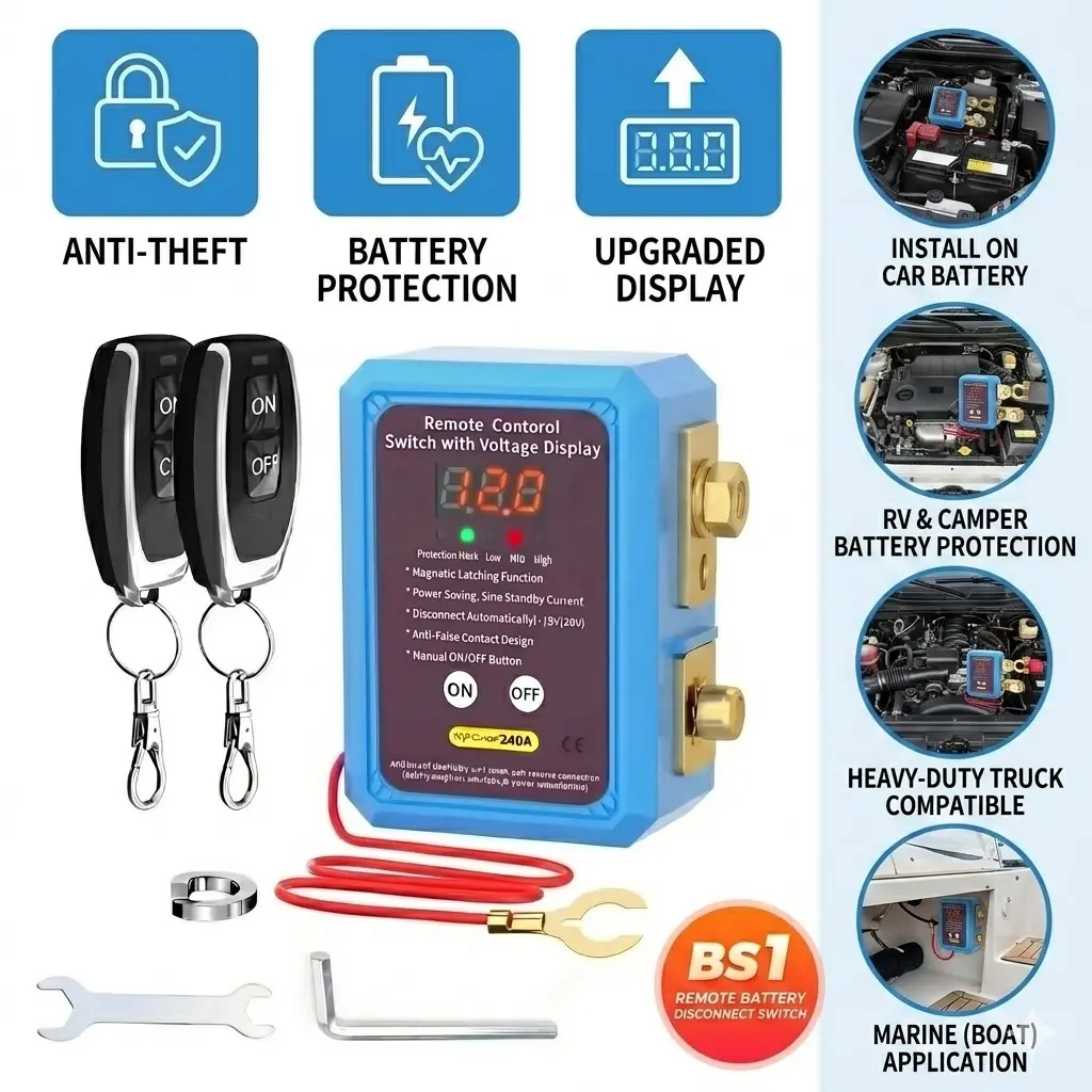 Remote Battery Disconnect Switch 12V/24V 240A, Digital Voltage Display, Wireless Anti-Theft Car Kill Switch for Car, Truck, RV & Boat, Easy Install Kit#SummerVibes