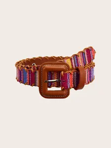 Boho Style Women's PU Buckle Rainbow Striped Belt, Versatile Casual Accessory for Dresses Shirts Jeans, Perfect for Daily Wear