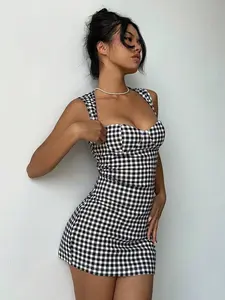BRANDON x Aloruh Plaid Bodycon Mini Dress Slim Fit Black White Soft Stretchy Breathable Fabric Y2K Style Casual Office Commuting Outfit Graduation Back To School Elegant Trendy Women Fashion