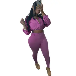 Autumn Women 2pcs Set Casual Violet Zipper Thin Drawstring Jacket & Fitted Leggings Matching Streetwear Basic Long Sleeve Short Suit Clothes Womenswear Everyday Fashion