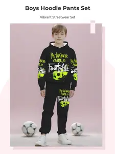 Boys' Football Graffiti Fluorescent Hooded Set, Street Sports Style Sweatshirt & Pants Two-Piece, Slim-Fitting Casual Wear