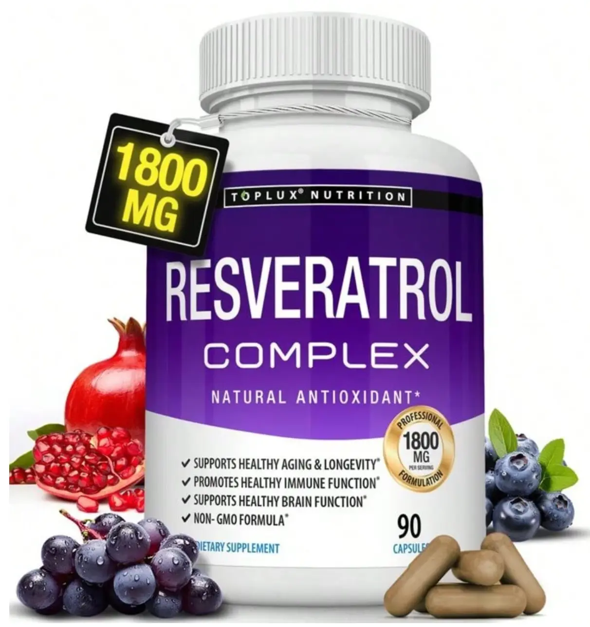 Toplux Nutrition Resveratrol Supplement 1800mg Antioxidant Complex - Highly Potent Natural Trans-Resveratrol Pills for Healthy Aging, Overall Health Support, Immune System, Brain Function - 90 Capsules