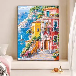 Beautiful Seaside Village Town Scenery Diamond Art Painting Colorful House Handwork Mosaic Cross Stitch Pattern Home Decor