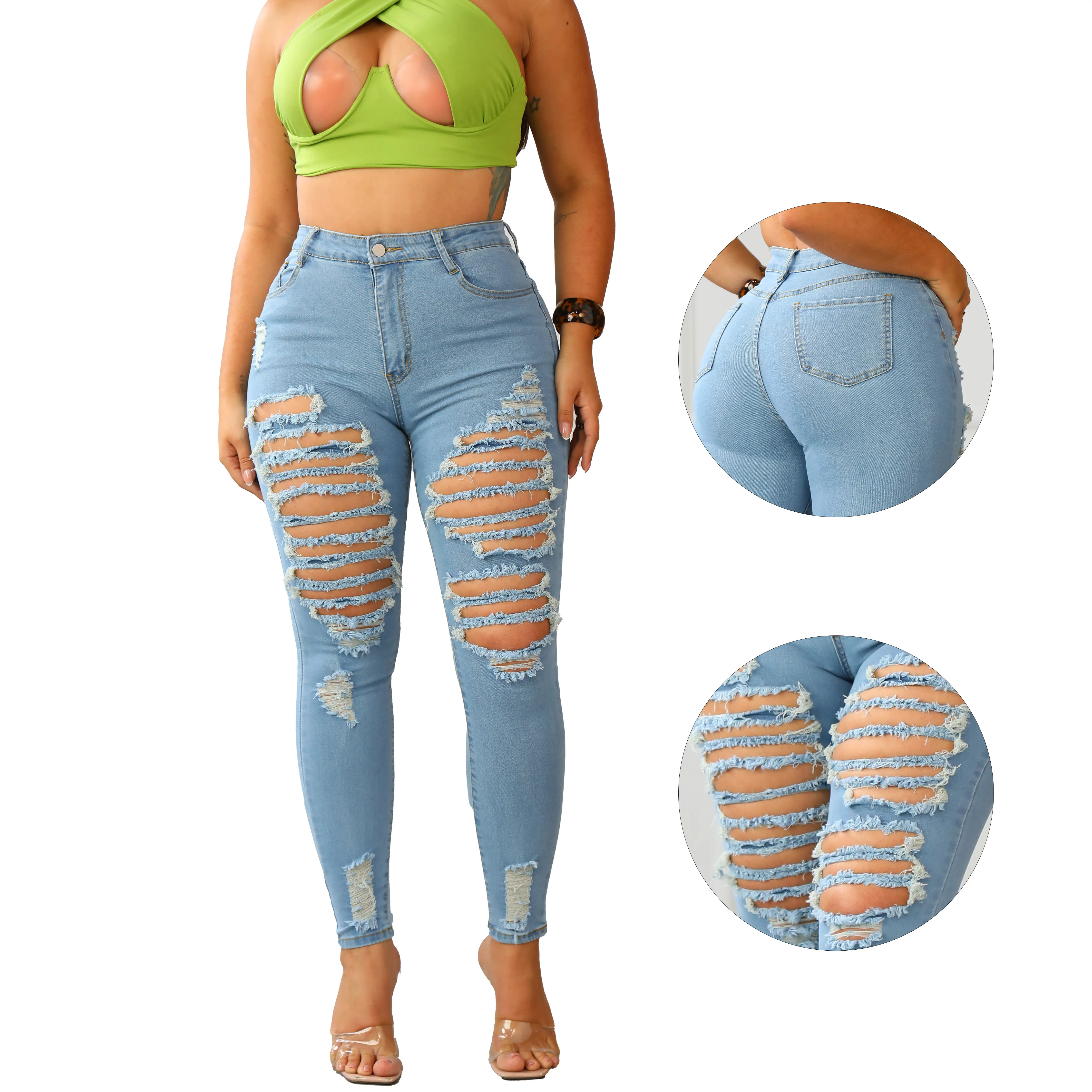 Women's Skinny Jeans, Metallic Ripped High-Stretch Denim, Slim Fit Streetwear Pants for Juniors