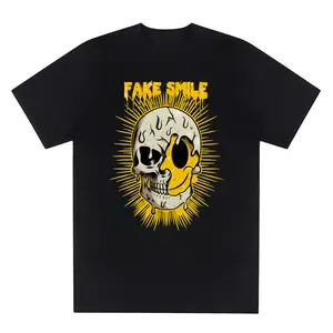 Y2K-Inspired Men's Cotton T-Shirt with Bold Skull & "FAKE SMILE" Graphic - Hip Hop Style, Short Sleeve, Round Neck