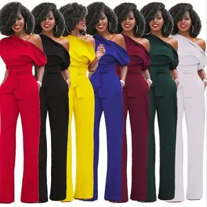 2025 Women’s Plus Size Casual Off-Shoulder Solid Color Slant-Collar Lace-Up Wide-Leg Jumpsuit