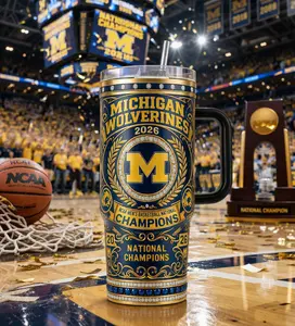 Michigan Wolverines Tumbler 2026 – NCAA National Champions, Ideal for Michigan Fans – Perfect Gift for Collectors, Gold & Navy Design with "M" Logo & Laurel Wreath – Open for Sale