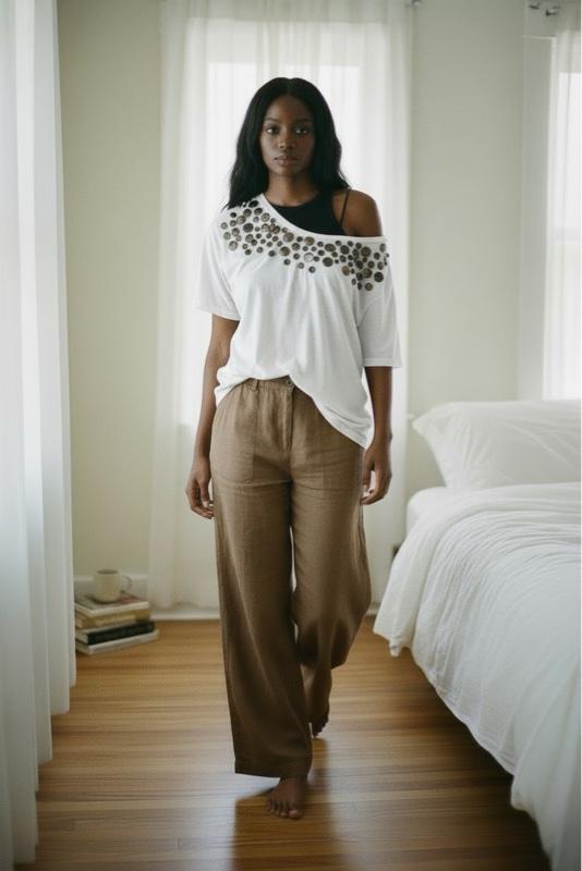 Ladies SS Off-Shoulder Embellished Tee with Elegant Beading and Comfortable Fit for Everyday Wear