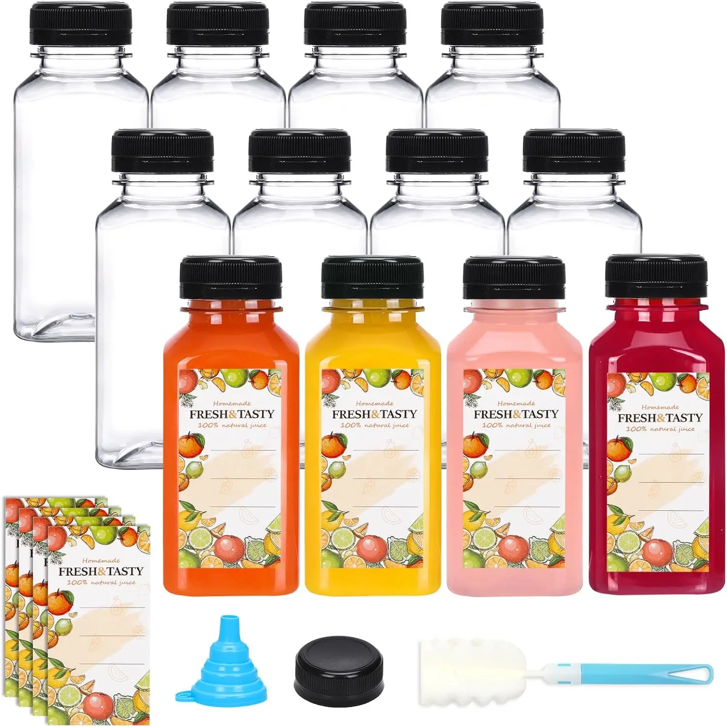 12pcs 8oz Lightweight Reusable Plastic Drink Bottles with Tamper-Evident Leak-Proof Lids, Compact Empty Containers with Labels, Funnel, Brush - Home Supplies Storage Jar Set for Juicing, Smoothies