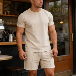 Men’s streetwear 2-piece set: soft textured knit oversized short-sleeve T-shirt and drawstring shorts, casual summer outfit