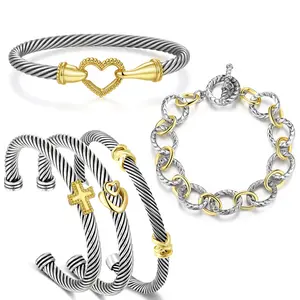 Mytys Adjustable Two-Tone Bracelet Set 5 PCS for Women | Heart, Love & Knot Statement Cable Wire Bangles with Hook Clasp, Stylish Jewelry Gift