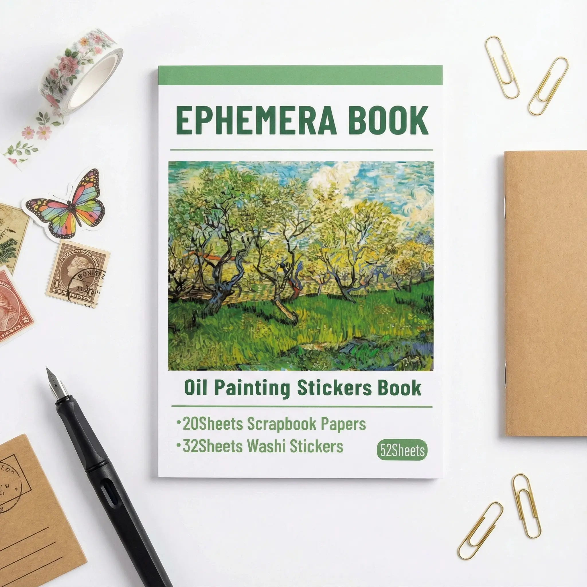 Vintage Oil Painting Ephemera DIY Kit - 52-Sheet Decal Stickers Book with Tweezers, 590 Pcs Van Gogh-Inspired Washi Decals & Scrapbook Accessories for Junk Journal Bujo, Collage Art