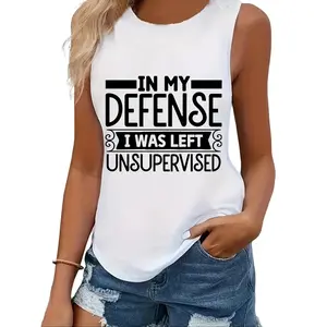 Women's "In My Defense, I Was Left Unsupervised" Graphic Sleeveless Tank Top – White with Black Print, Comfortable Blend for Spring and Summer Casual Wear, Lightweight, Soft