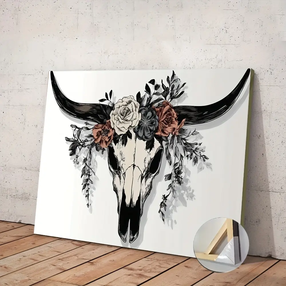 1pc Artistic Wooden-Framed Canvas Print - Longhorn Skull Floral Design, Modern Classic Art Deco, High-Quality Materials, Indoors Country Theme Animal Decor for Living Room, Animal Decorative Wall Arts