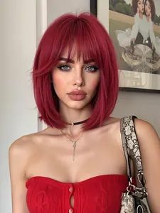 12 Inch Straight Bob Wig, Straight Layered Wigs, Synthetic Fiber Full Head Set, Bangs Design, Natural Look, Perfect for Daily Wear & Cosplay