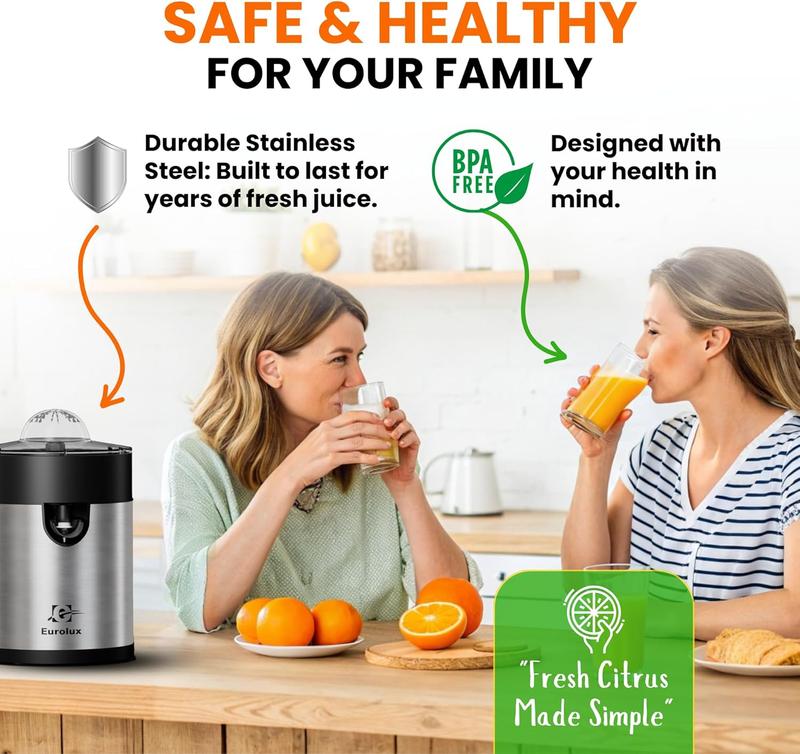 Eurolux Electric Citrus Juicer - Powerful Motor, Anti-Drip System, Dishwasher Safe Parts, Stainless Steel Housing, Automatic Start/Stop, for Orange, Grapefuit, Lemon, Lime,