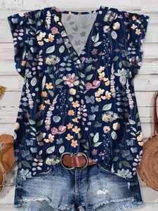 Fashion Floral Print Sleeveless Blouse, Plus Size Casual V-Neck Loose Fit Tops, Lightweight Breathable Fabric, Y2K Clothes Summer Outfits, Cute Trendy Vacation Wear, Comfortable Relaxed Fit Work Casual Shirts for Women