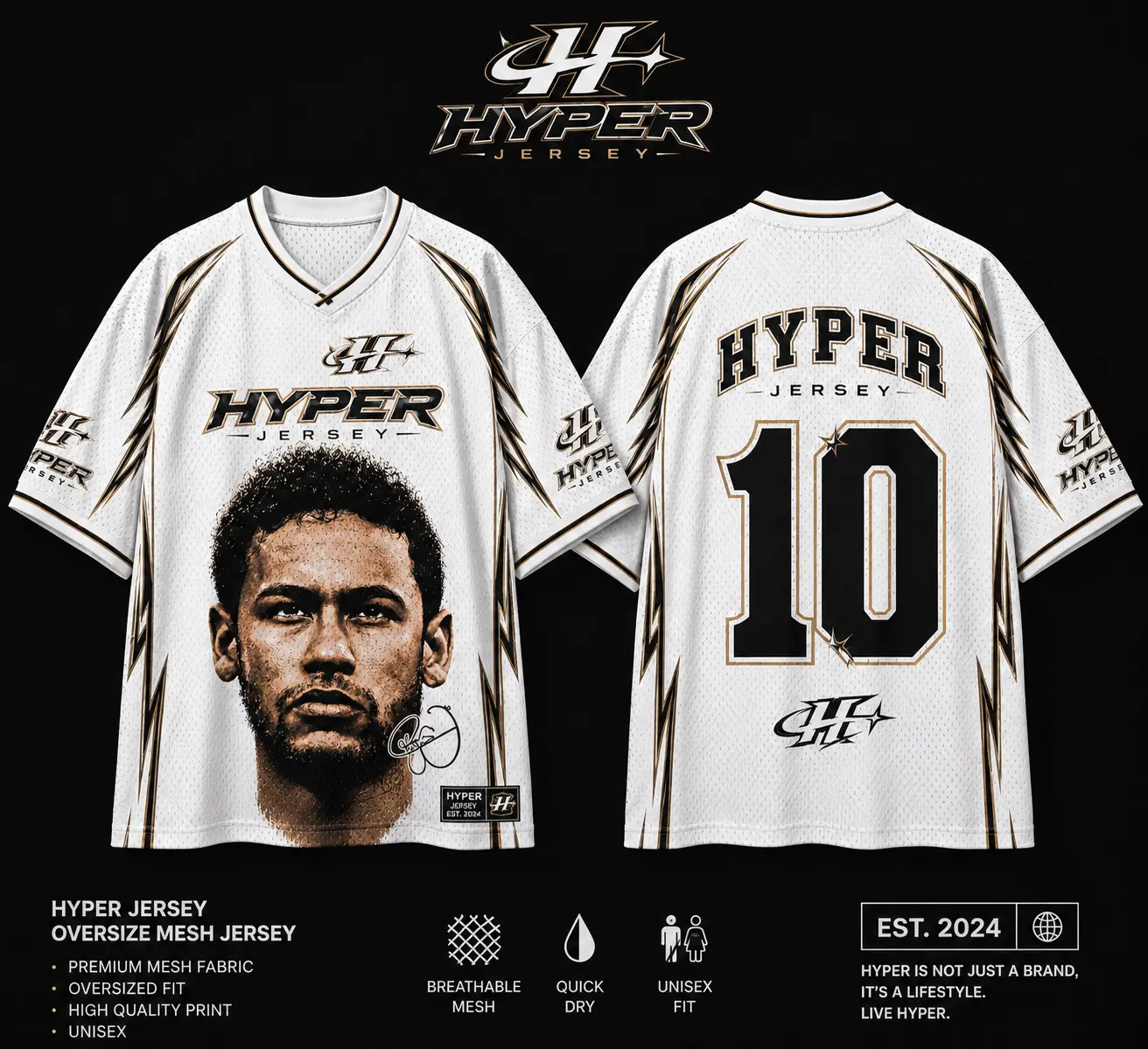 Neymar My bro Hyper Jersey Oversized Mesh Jersey – White & Black Soccer Shirt, Unisex Breathable Quick-Dry Sportswear, Premium Football Streetwear Top, Retro Athletic Fanwear & Gift for Soccer Fans