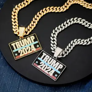 Trump 2024 Sparkling Rhinestone Cuban Link Necklace Hip Hop Style Unisex