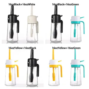 Yawbay  New Spray Brush Combination Oil Bottle with Silicone Brush Creative Kitchen Oil Bottle Household Leak-Proof Atomized Glass Spray Oil Bottle 2 Count 2 in 1 Oil Sprayer for Cooking 16oz/470ml Light-Blocking Dark , Olive Oil Dispenser Bottle