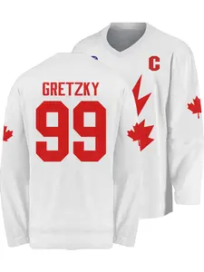 Men's V-Neck Hockey Jersey #99 Gretzky Canada Print Long Sleeve Sport T-Shirt, Breathable Quick-Dry, Perfect Gift for Sports Lovers, Athletic Apparel