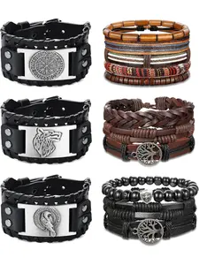 Natural 6 Pcs Brown Black Braided Viking Leather Bracelets for Men Women Fashionable Pack Stackable Bracelet Cool Vintage Wolf Gothic Wrist Cuff Alloy Bracelets Adjustable Nordic Amulet Viking Bracelets Bracelet Set