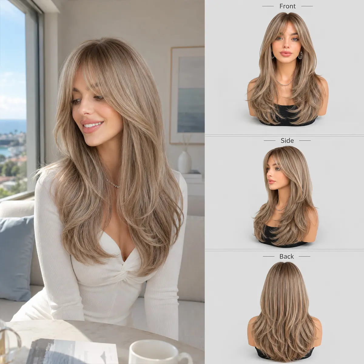 Long Wavy Synthetic Wig for Women, Voluminous Lazy Style in Lazy Brown with Champagne Gold Highlighting, Glueless with Realistic 8-Character Bangs, Highlighting In Champagne Gold, Synthetic Full Machine Wigs, Full Wig