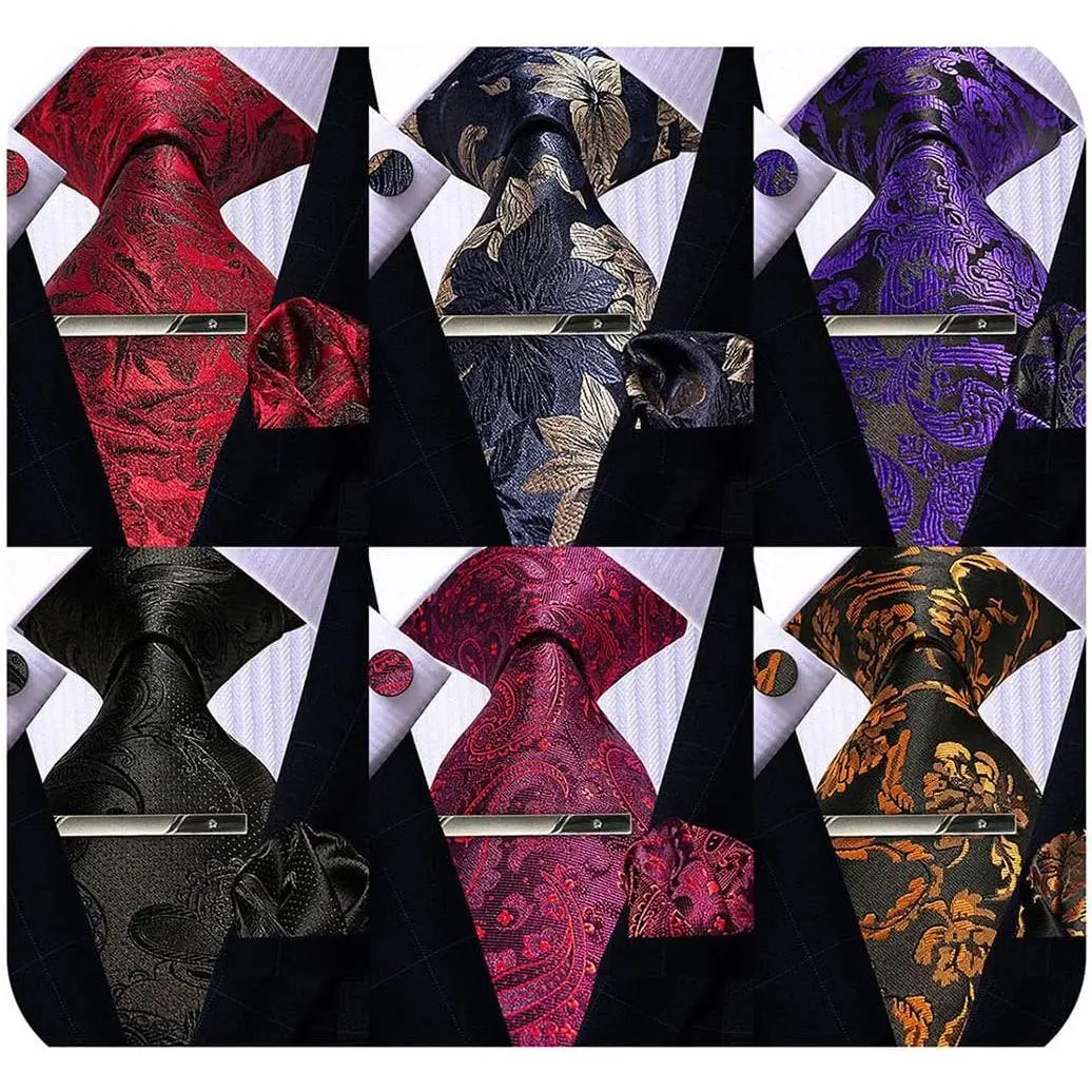 Men's Classic Tie Set, 6 Woven Silk Blend Gift Sets with Matching Pocket Square, Cufflinks & Tie Clip for Business, Wedding Party, Handkerchief