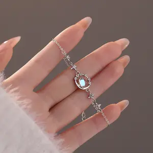 Crystal Gemstone Silver Planet Bracelet for Women, Blue Opal Moonstone,Sparkly Crystal Cz Star Hand Chain Bracelet Jewelry