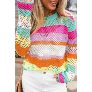 Rose Red Colorblock Patchwork Knit Crochet Eyelet Sweater