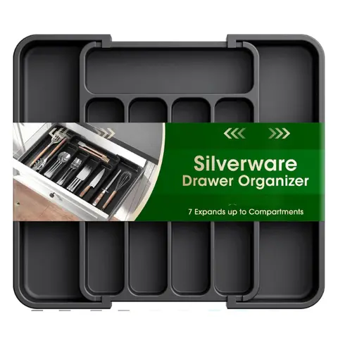 New Deal - Silverware Organizer - Expandable Kitchen Drawer Organizer with 7 Compartments, Adjustable Utensil Tray for Forks Knives, Multipurpose Storage Solution, Black, Medium - Boxes