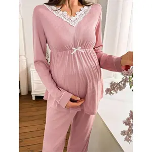 Women’s maternity sleepwear set featuring a V-neck, color contrast lace trim, long sleeves, and pants—comfortable and stylish, perfect for pregnancy and prenatal maternity wear.
