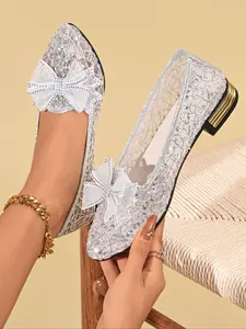 Women's Champagne Gold Lace Sequin Bow Flats, Rhinestone Decor Pointed-Toe Low Heel Shoes, Elegant Party Wedding Dress Footwear, Breathable Sheer Fabric Evening Bridal Shoes, Stylish All-Match Casual Formal Shoes, Bowknot Design Flats