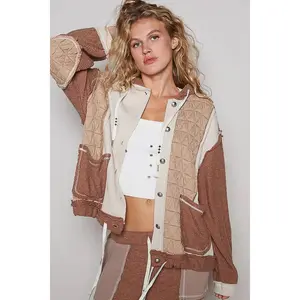 Cut Sew Multi Fabric Quilted Thermal Hoodie Jacket | Oat/Chocolate