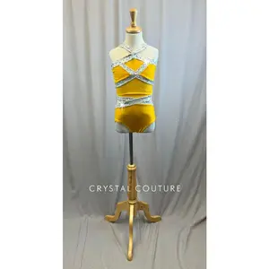 Mustard Yellow Cutout Velvet Leotard with Metallic Silver Outline -Rhinestones