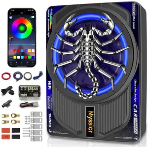 Upgraded 1600W Slim Underseat Car Subwoofer and Amp Package with RGB Beat-Synced Light, Individual Control for Low Pass/Gain/Boost Bass, Clean Loud Deep Bass Perfect for Truck/SUV/Jeep